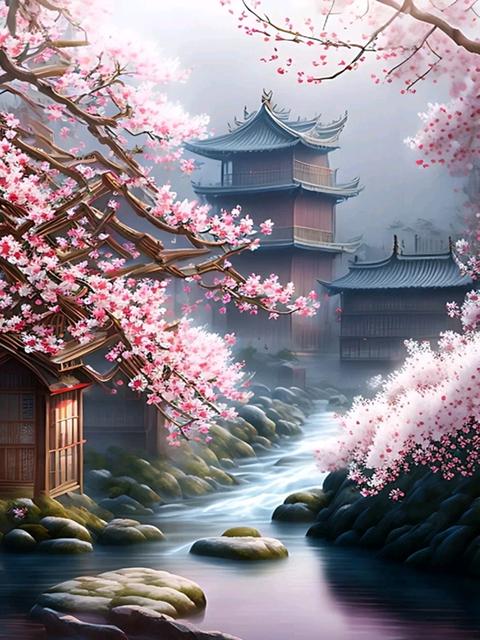 Japanische Kirschblüten 5D DIY Diamant Malerei Wasserfall Tempel Landschaft voller Diamant Mosaik Stickerei Kreuzstich Full Round 50x70CM