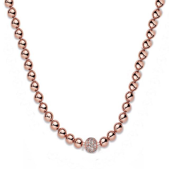Neue 925 Sterling Silber Halskette Rose & Silber Perlen & Pflastern Kristall Schiebe Halskette Für Frauen Hochzeit Geschenk Diy Europa Schmuck 60cm hellrosa