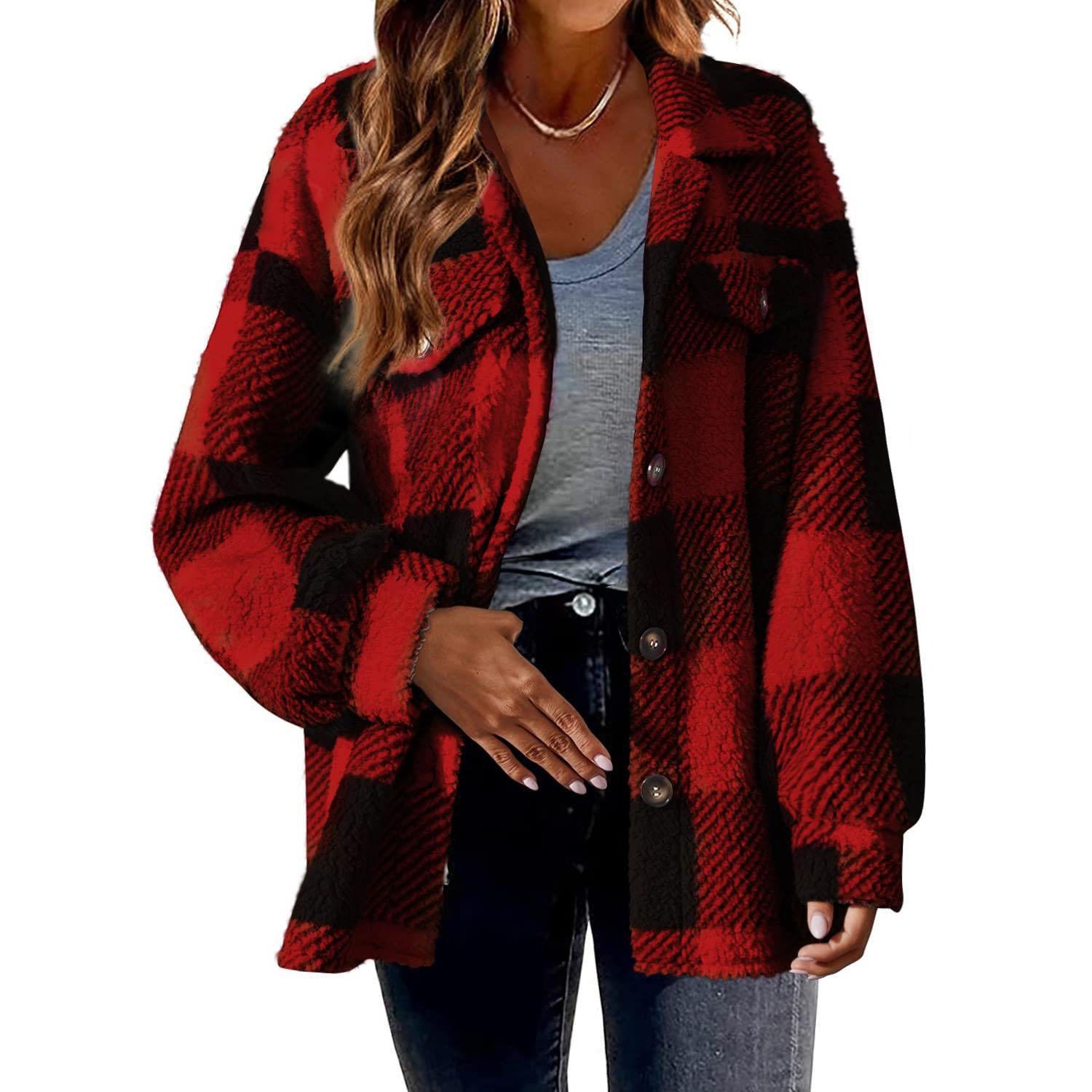 Damen Fleece Herbst Winter Karierte Jacke Mantel Langarm Einreiher Knopf Mode Lässig Locker Mäntel Jacken Oberbekleidung XS rot