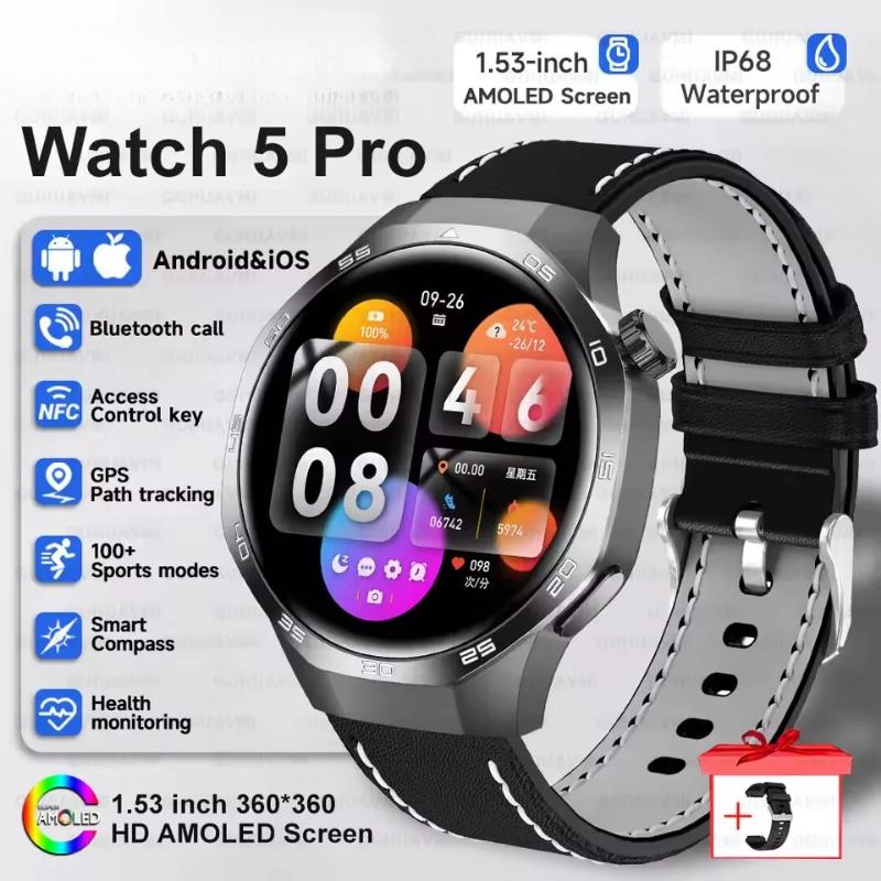 2025 Neue Watch GT5 Max Smartwatch HD AMOLED Bildschirm NFC GPS Tracker Bluetooth Anruf Gesundheit Wasserdicht Smartwatch Männer Frauen Für Huawei Starlight Leather