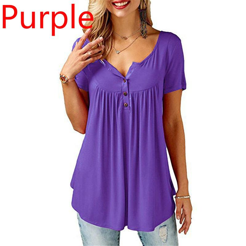 Frauen O Neck Button Lose Elastische Tops Damen Kurzarm Tunika Shirts Weibliche Casual Blusen 3XL violett