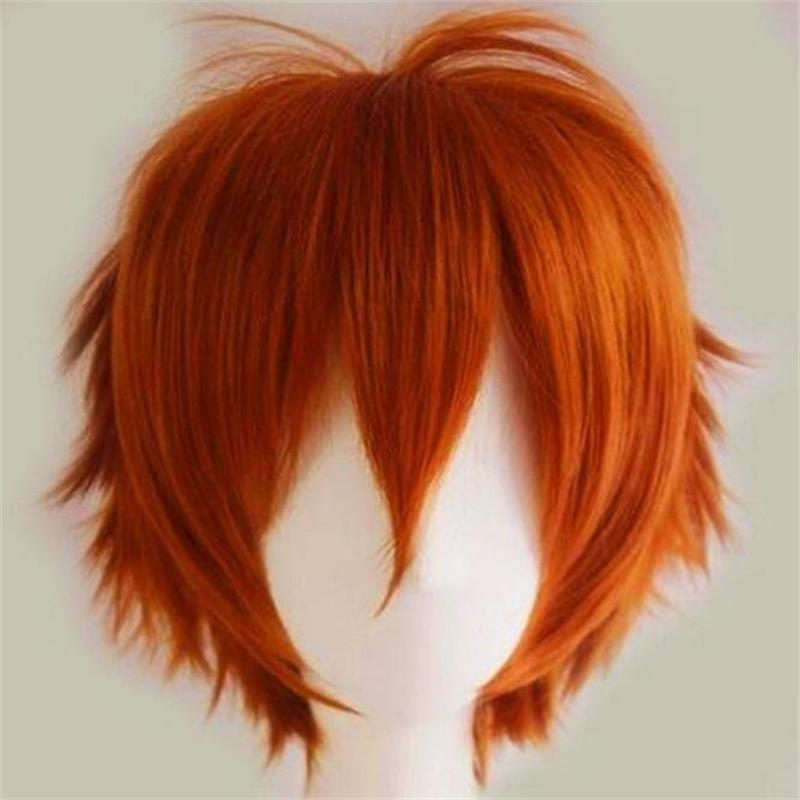 30 cm kurze, glatte Cosplay-Perücke, Anime, Tilt-Up-kompatibel, universell, allmächtig, hitzebeständig, Kunsthaarperücken + Perückenkappe dunkel orange