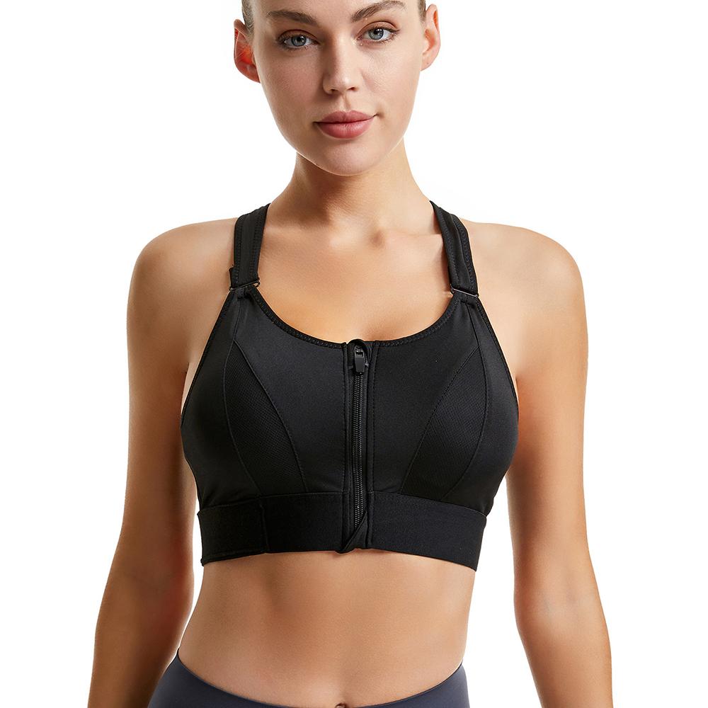 Damen Sport BH Übergröße Kreuzmuster Stoßfest Frontreißverschluss Kabellose Unterwäsche Laufweste für Frauen Yoga Sport BH Dessous Fitness Bralette XL schwarz