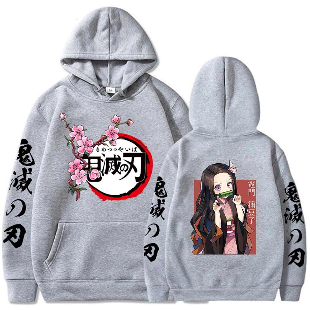 Japan Anime Kawaii Dämon Slayer Kamado Nezuko Manga Hoodies Sweatshirts Tops Pullover Streetwear Unisex Cartoon Sweatshirt XS graue
