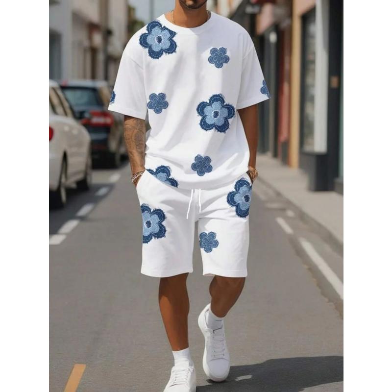 Sommer Herren atmungsaktives und bequemes Rundhals-T-Shirt Shorts mit Aufdruck Outdoor Freizeit Zweiteiler Set 5XL