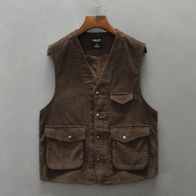Japanische Retro Arbeitskleidung Herrenweste Frühling Herbst Angelweste Herren Baumwollweste V-Ausschnitt Einreiher Ärmellos Lässige Jacken XXXL kaffeebraun