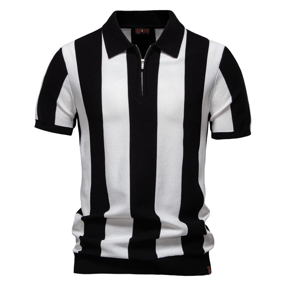 AIOPESON 2025 Neues Sommer-Poloshirt für Herren mit atmungsaktivem Streifenmuster, lässiges, kurzärmliges, bequemes Strick-Poloshirt EUR XL 85-95kg schwarz