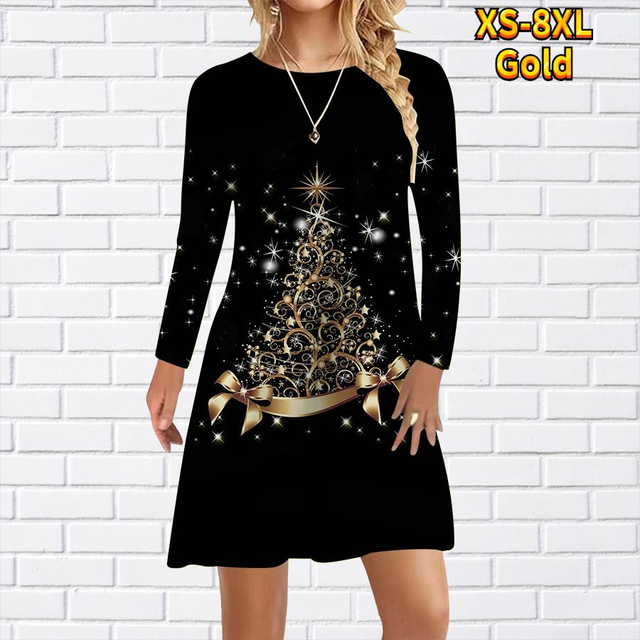 Damen Freizeitkleid mit Stern-Weihnachtsbaum-Print, Kleider für Damen, O-Ausschnitt, kurzärmelig, Übergröße L gold