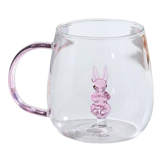 Handgefertigtes Glas Tier Pflanzenform Transparentes Wasserglas Niedliches Kaffee Milch Trinkglas mit buntem Henkel Rabbit
