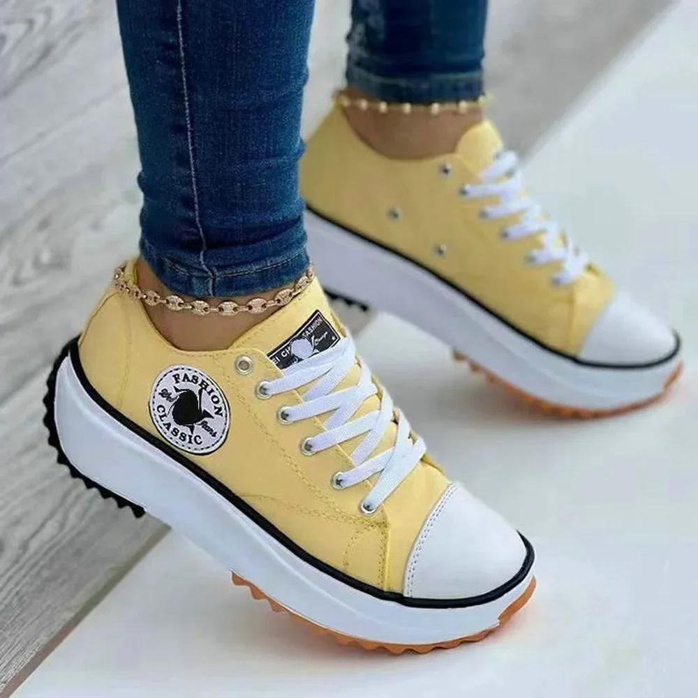 Schuhe für Damen Klassische weiße Canvas-Sneakers Mode Plateau Damen Freizeitschuhe Hohe Qualität Schnürschuhe Damen Tennisschuhe 35-43 41 gelb