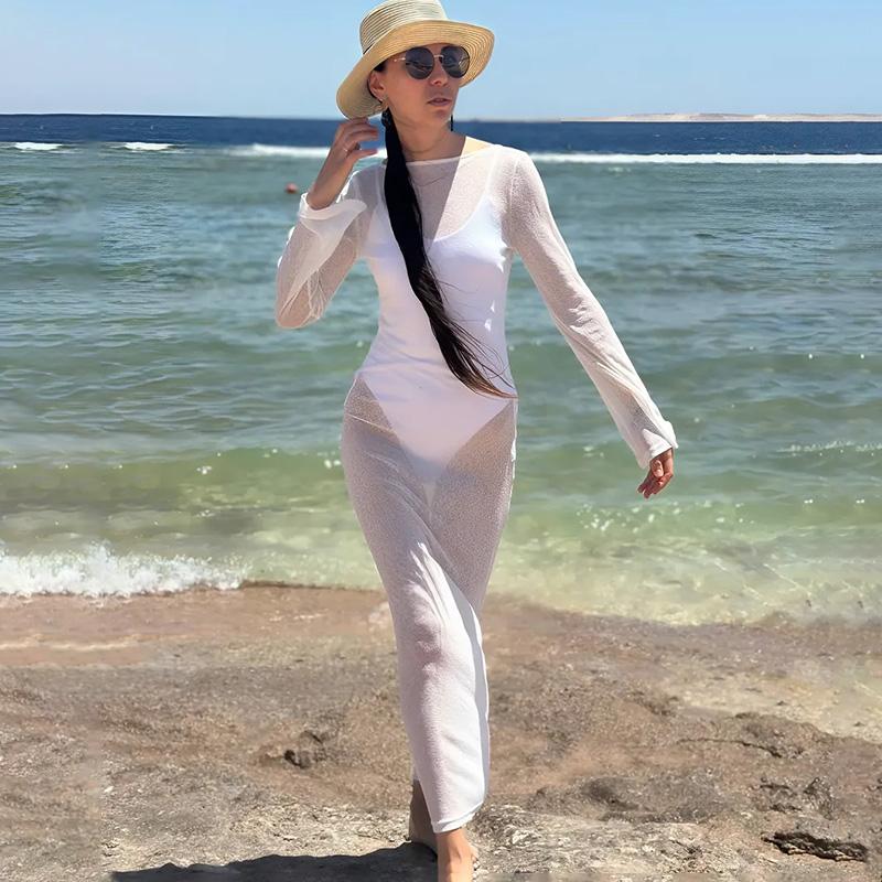Talenza Damen Sommer Rückenfreies Kleid Mode Hohl Durchsichtig Strandurlaubskleid Sexy Einfarbig Lässig Damenkleider Vestidos S gray