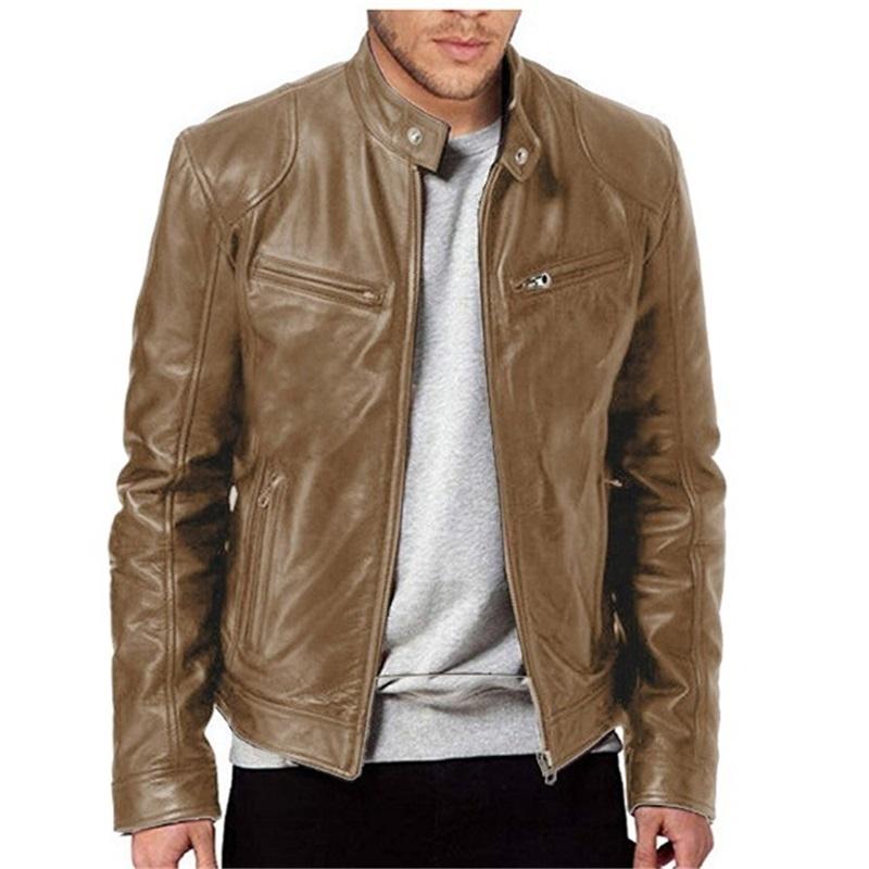 Herren Lederjacke Herren Jugend Stehkragen Punk Herren Biker Lederjacke mit Logo 7XL khaki
