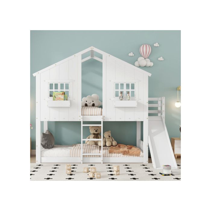 Etagenbett mit Rutsche, mit Dach und Fenster, mit Rausfallschutz, mit dreifacher Leiter, Kiefer + MDF, Weiß, 90x200 cm