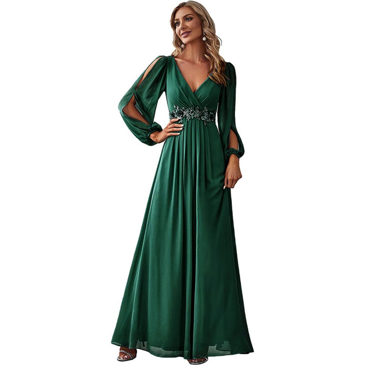 Elegantes Damen-Abendkleid mit V-Ausschnitt und hoher Taille für formelle Partys im europäischen amerikanischen Stil XL dunkelgrüne