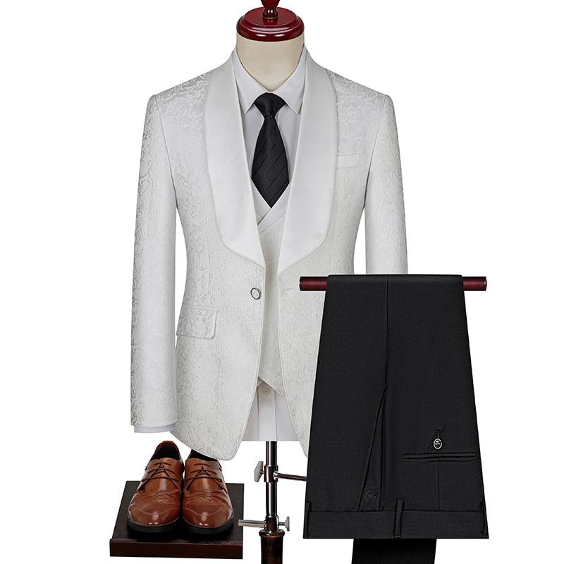 Frühling Herren (Anzug + Weste + Hose) Britischer Stil Business Casual Dreiteiler Hochdichtes Jacquard Hochzeitskleid XXXXL weiß