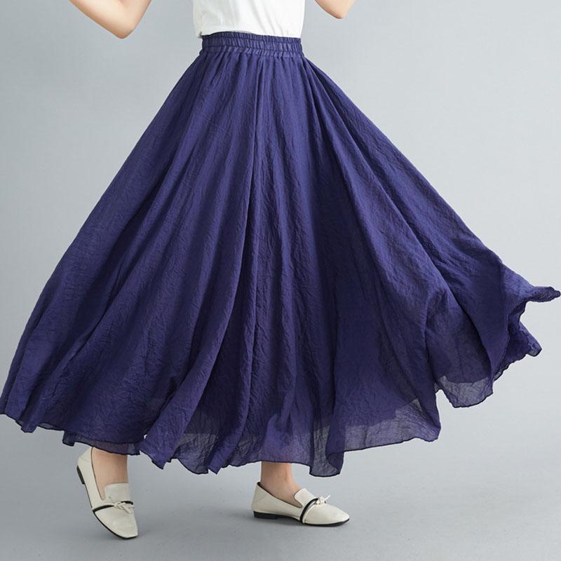 Sommer Herbst Damen Rock Literarisch Große Baumwolle Leinen Halbrock Elastische Taille Leinen A-Linie Rock Langer Abschnitt Reine Farbe Wind Swing Rock L cyanblau