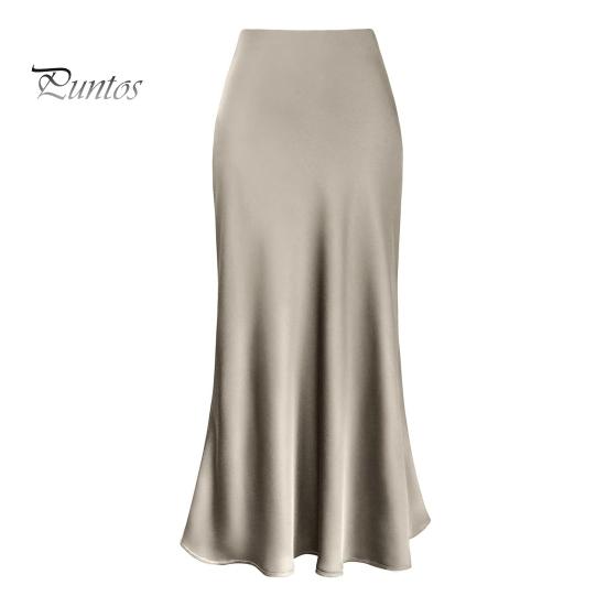 Frauen Eleganter Rock aus Kunstseide und Satin mit hoher Taille, Fischschwanzrock, A-Linie, einfarbig, glänzend, für Bürodame, Rock, Arbeitskleidung S champagner