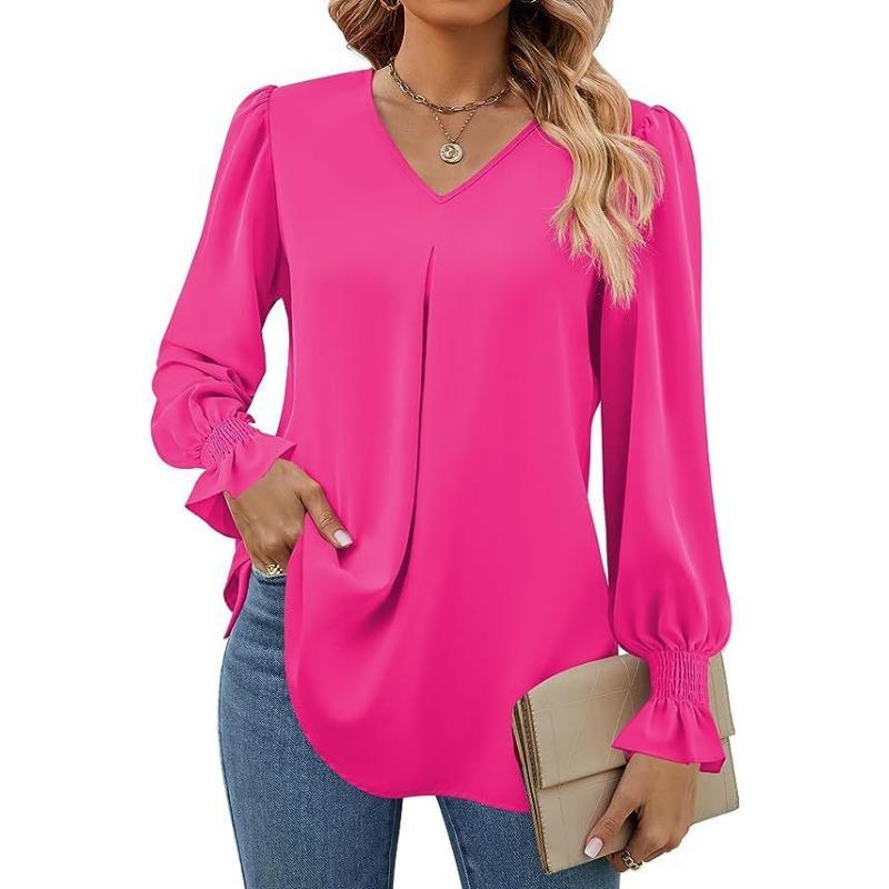 Damen Einfarbig Chiffon Pullover V-Ausschnitt Pullover Ausgestellt Langarm Bluse Bluse XL