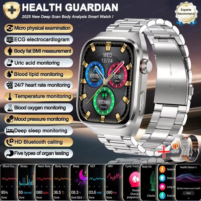 2025 Neue Smartwatch EKG+PPG Organe Eingeweide Monitor Uhr Männer Blutfette Harnsäure BP Sport Anruf Smartwatch für Samsung Galaxy Silver Steel 2A