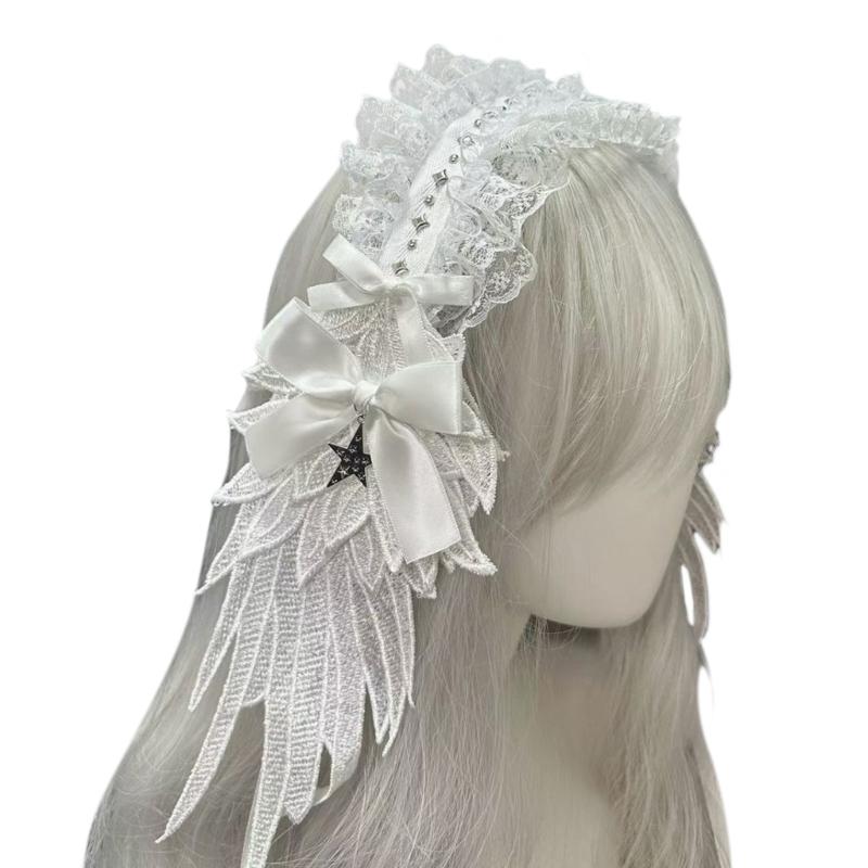 Anime Maid Schleife Stirnband Engelsflügel Spitze Stirnband Für Halloween Party Cosplay Kostüm Haarschmuck Für Nachtveranstaltung weiß