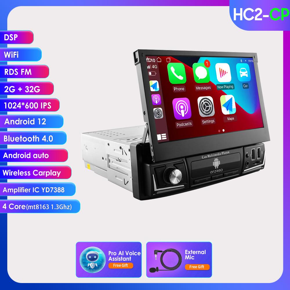 Autoradio Hizpo 7'' Single 1 Din AutoRadio CarPlay GPS Navigation Einziehbarer Bildschirm 1Din Android 12 Multimedia Player Universal Audio Video Head Unit 4Core 2G+32G Carplay