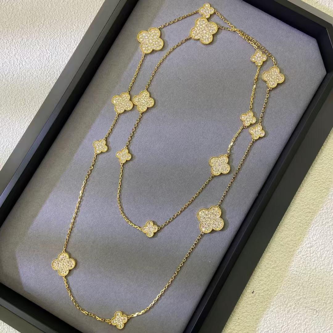 High-End Vierblättriges Kleeblatt Pulloverkette Leichter Luxus High Version 16 Blume High-End Doppellagige Superlange Halskette 925 silver gold