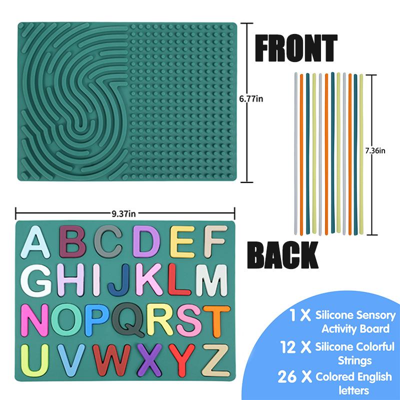 Große sensorische Aktivitätstafel Englischer Buchstabe Silikon Fidget Spielzeug für Kind Leise Beruhigend bei Angst ADHS Autismus Tragbares Reisespielzeug grün