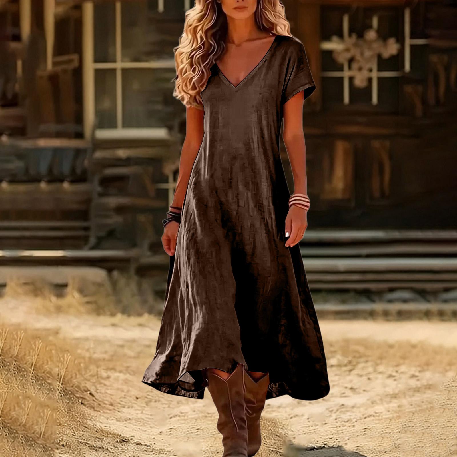 Boho-Kleider für Damen 2026 V-Ausschnitt Kurzarm-Sonnenkleider für Damen Sommerkleider für Damen Lässiger Lockerer Schnitt M kaffeebraun