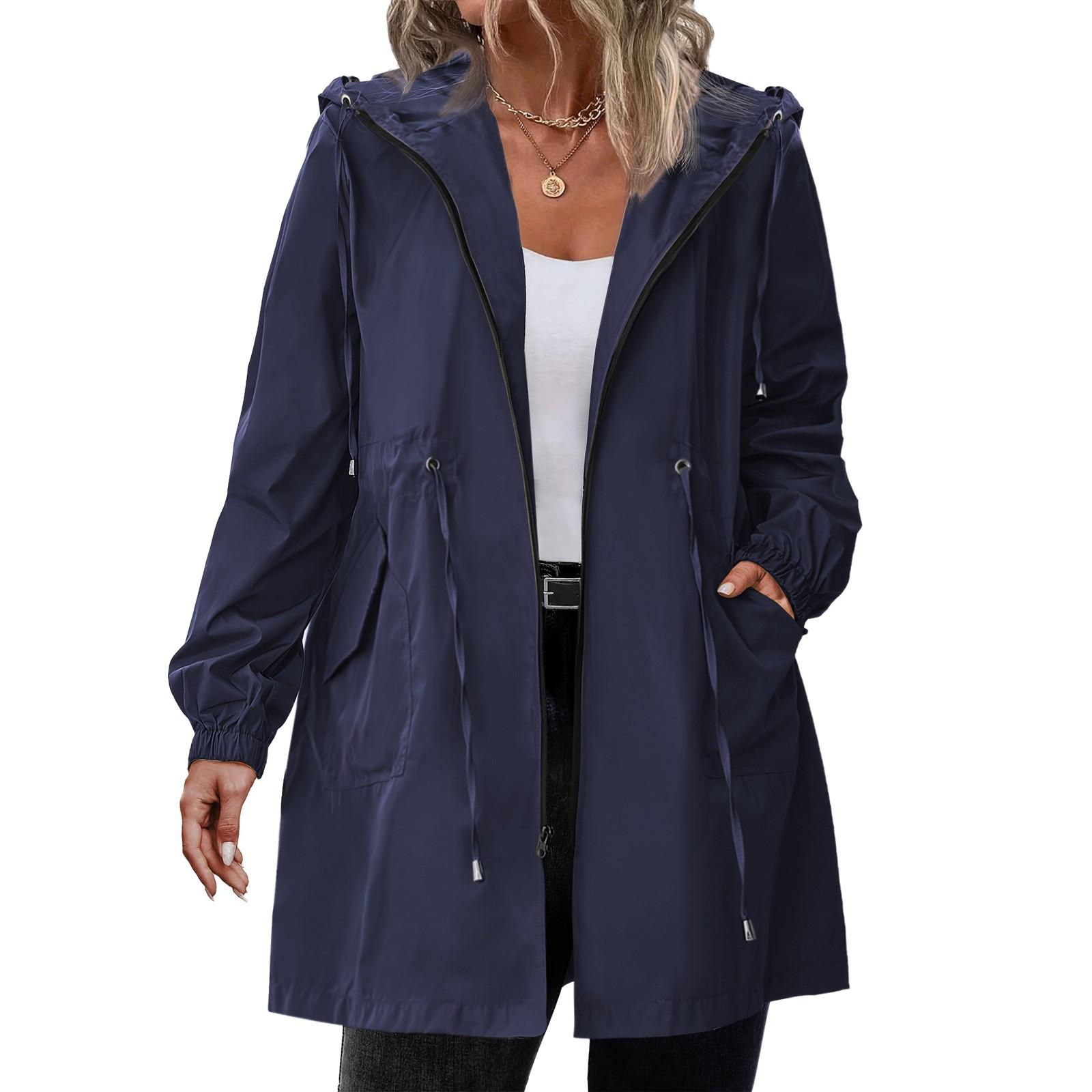 Damen-Regenmäntel mit Kapuze, leichte Outdoor-Kapuze, wasserdichter Windjacke, solide Trenchcoat-Jacke in Übergröße XL dunkelblau