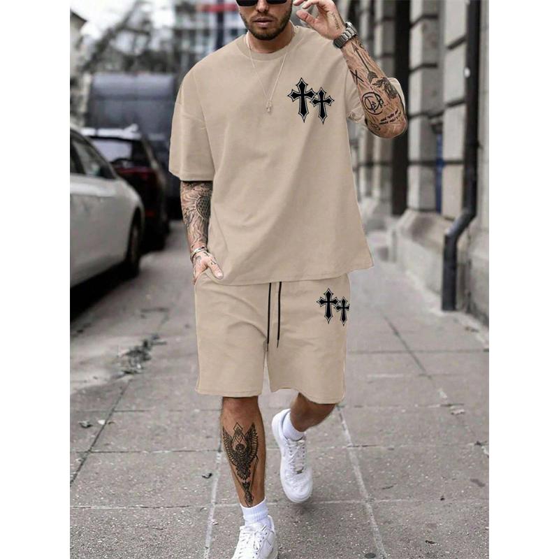 Herren Sommer Cross Print Kurzarm Shorts Set Lässig Mode Temperament 2-teilig Street Shoot Urlaub Rundhals T-Shirt Set XL
