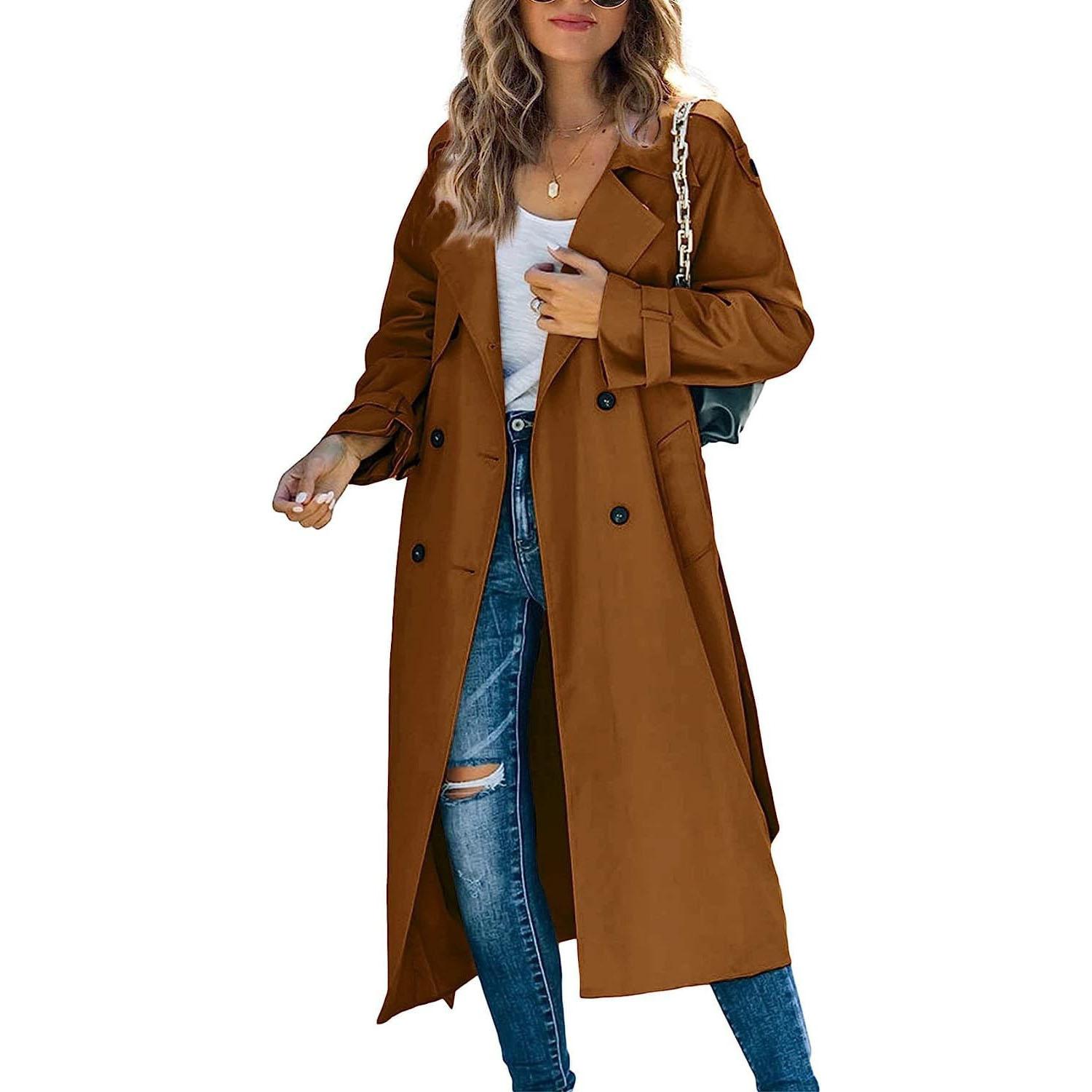 Damen Vintage Langer Trenchcoat Klassischer Zweireihiger Revers Langarm Winddichter Mantel mit Gürtel Elegante Jacken Streetwear XL dunkelbraune