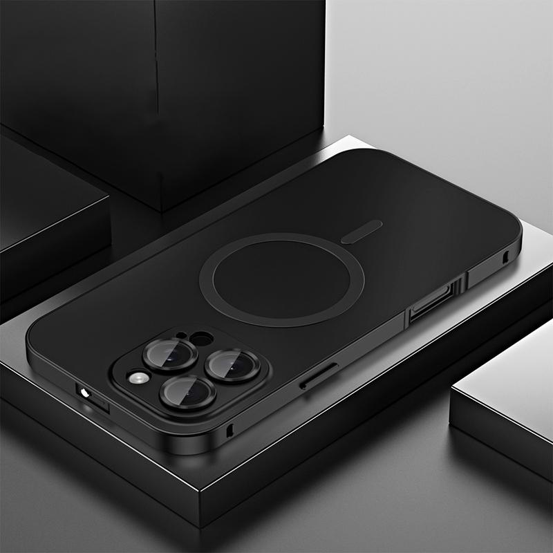 Metall Magnetische Matte Hülle Für iPhon 12 13 14 15 16 17 Pro Max 14Plus Für Magsafe Hülle Objektiv Legierungsfolie Aluminiumrahmen Kabelloses Laden For iPhone 13 Pro schwarz