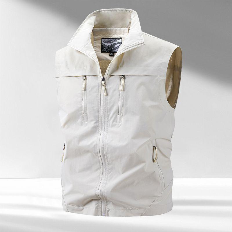 Outdoor Frühling- und Sommerjacke für Herren, Stehkragen mit mehreren Taschen, Arbeitskleidung für Fotografie, Angeln, Camisole, Herrenjacke L weiß