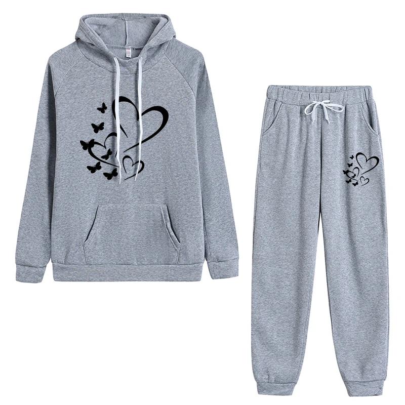 Herbst Winter Damen Schmetterlingsdruck Hoodies und Sweatpants Hohe Qualität Damen Täglich Lässig Sport Jogginganzug Outfits 3XL gray