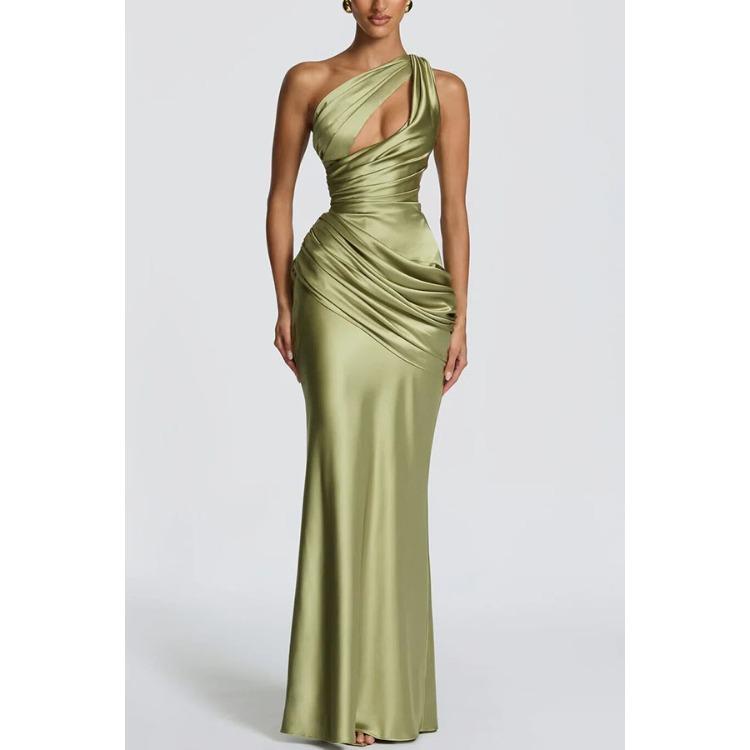 Damen One-Shoulder Satin Maxikleid Elegantes drapiertes Abendkleid mit Cut-Out-Detail L grün