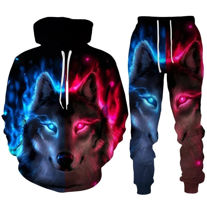 Mode Wolf Hoodie 3D gedruckt Hoodie Anzug männlich Herbst Winter lässig mit Kapuze Sweatshirt Jogginghose Trainingsanzüge 2pc Set Sport Anzug M