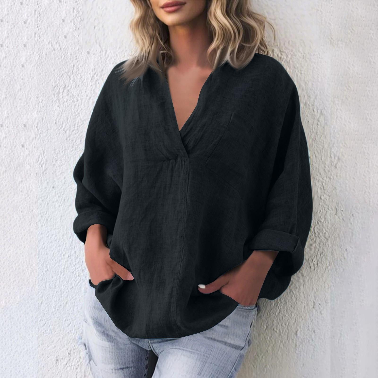 Damenmode Lässiges Pullover-Oberteil aus Baumwolle und Leinen mit V-Ausschnitt und langen Ärmeln XXXL schwarz