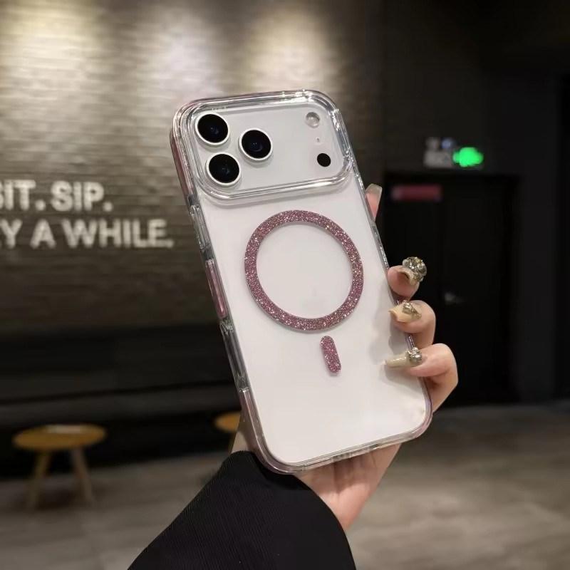 Luxus Glitzer Bling Für Magsafe Kabelloses Laden Kreis Handyhülle Für iPhone11 12 13 14 15 16 17 Pro Max Plus 16e Klare Hülle iPhone 14 rosa