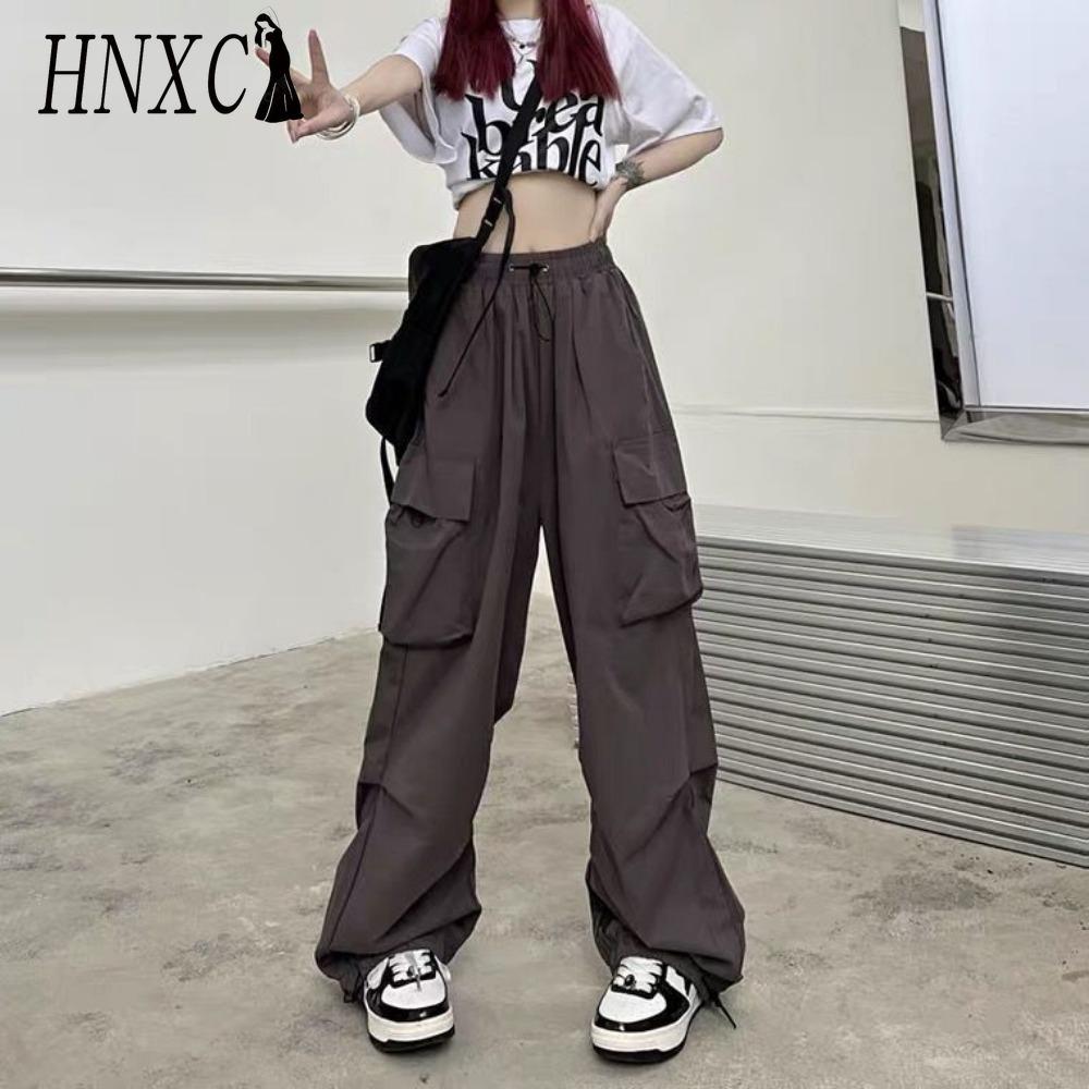 HNXC Damen Hip Hop Cargo Hose Baggy Einfarbig Elastischer Bund Hose Locker Atmungsaktiv Damen Hose S grau