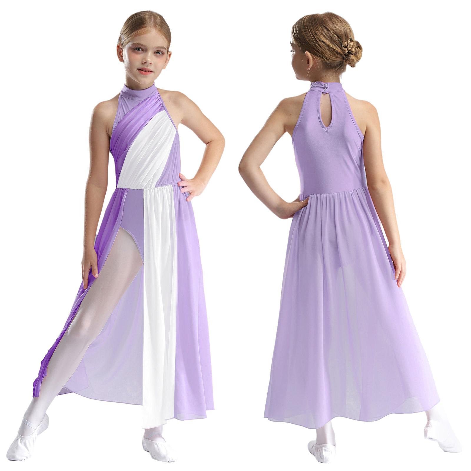 Kinder Mädchen Lyrical Modern Dance Kleid Asymmetrische Split Ballett Gymnastik Trikot Figur Eislaufen Tanzbekleidung Performance Kleider 5-6 Years licht lila