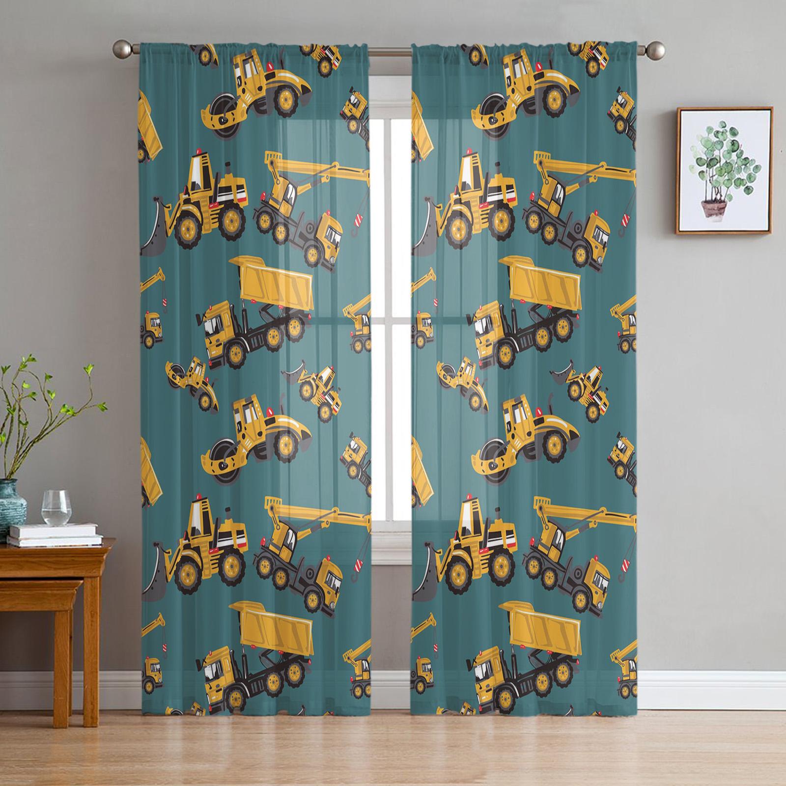 Cartoon-Kind-Auto-Transport-Tüll-Sheer-Fenster-Vorhänge für Wohnzimmer das Schlafzimmer Moderne Voile Organza Vorhänge Vorhänge W135 x H115cm x1&Grommet Top gray