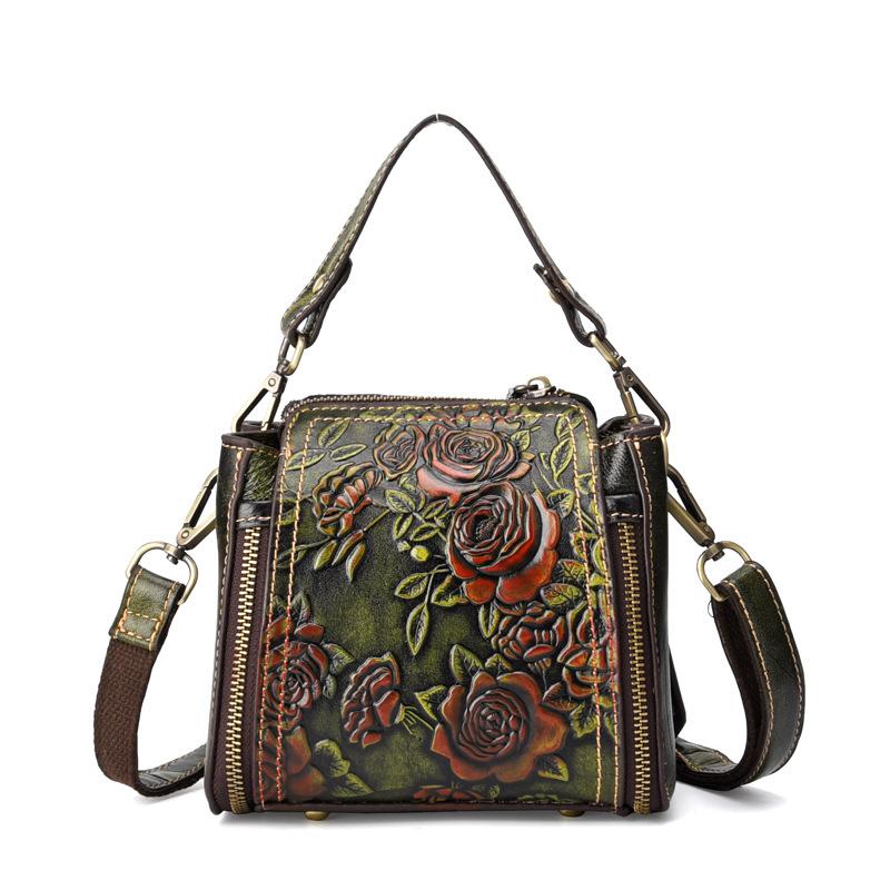 Johnature Vintage-Handtasche aus echtem Leder für Damen, handgefertigt, geprägte Schulter- und Umhängetaschen, Eimertaschen aus Rindsleder grün