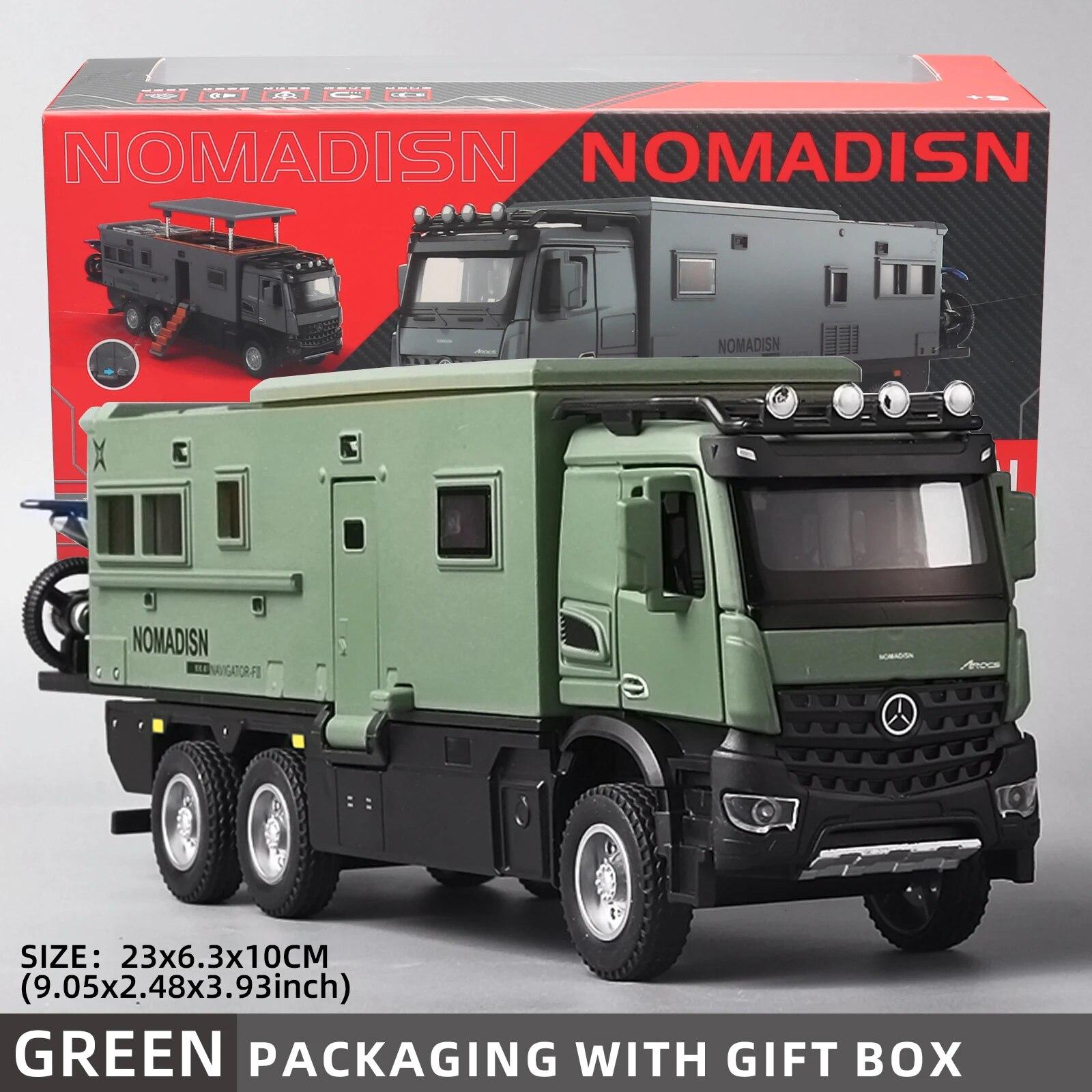 1:24 Mercedes Benz Camper RV Caravan Spielzeug-Modellautos, Druckguss-Pullback-Truck-Spielzeugauto-Modell mit Ton und Licht, geeignet für Kinder, Jungen und Mädchen grün