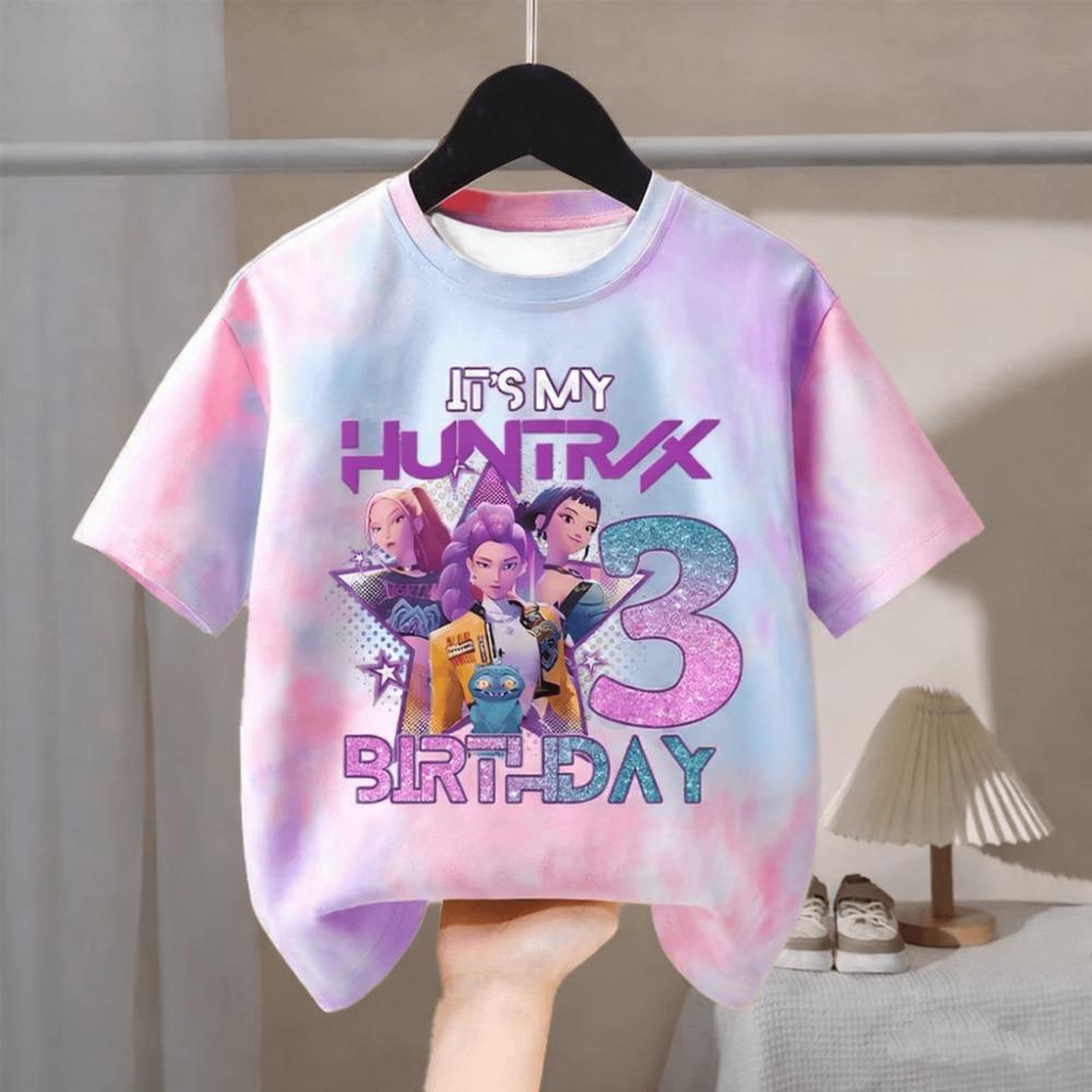 2026 Geburtstags-T-Shirt Kpop Dämonenjäger Tie-Dye 3D-bedrucktes T-Shirt, Digitales niedliches T-Shirt für Kindergeburtstag, Geburtstagsgeschenk für Mädchen 140