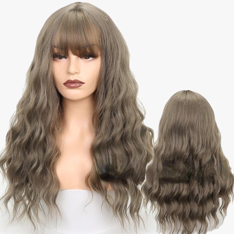 MERISIHAIR Modische lange gewellte Perücke für Damen mit Pony, Kunstfaser, schwarz, braun, blond, gewellte Perücke 10A-68