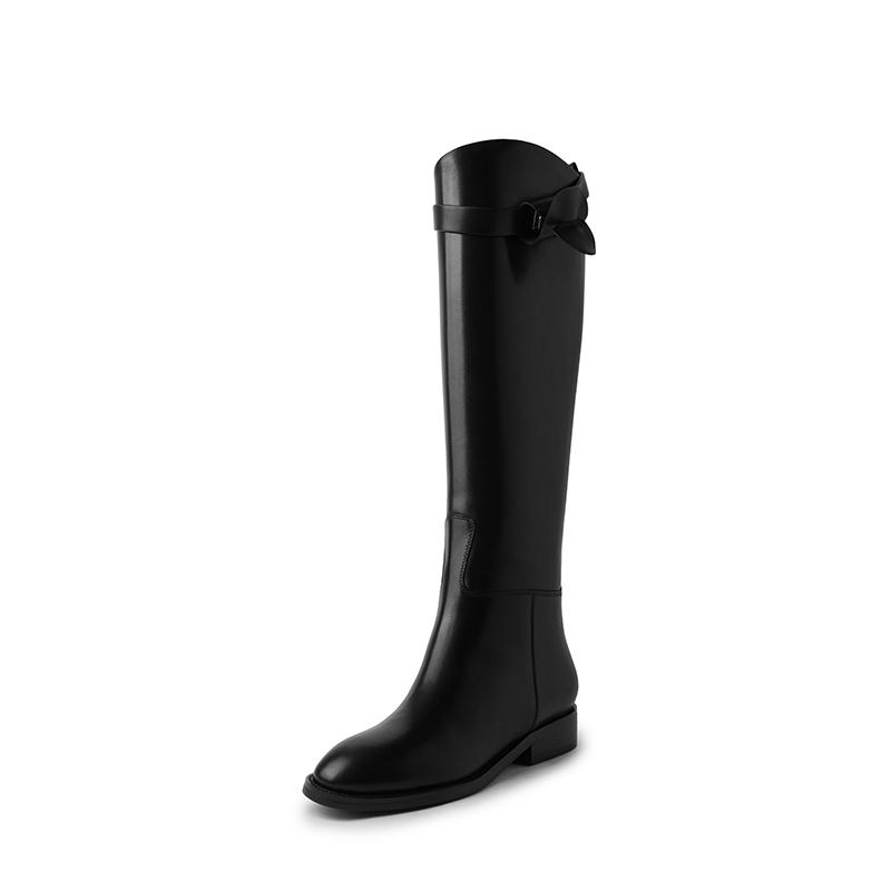 Krazing Pot Herbst- und Winterschuhe aus Kuhfell, dicke Reitstiefel mit niedrigem Absatz, Metallverschluss, runde Zehenpartie, hält warm, luxuriöse, oberschenkelhohe Stiefel 34 schwarz