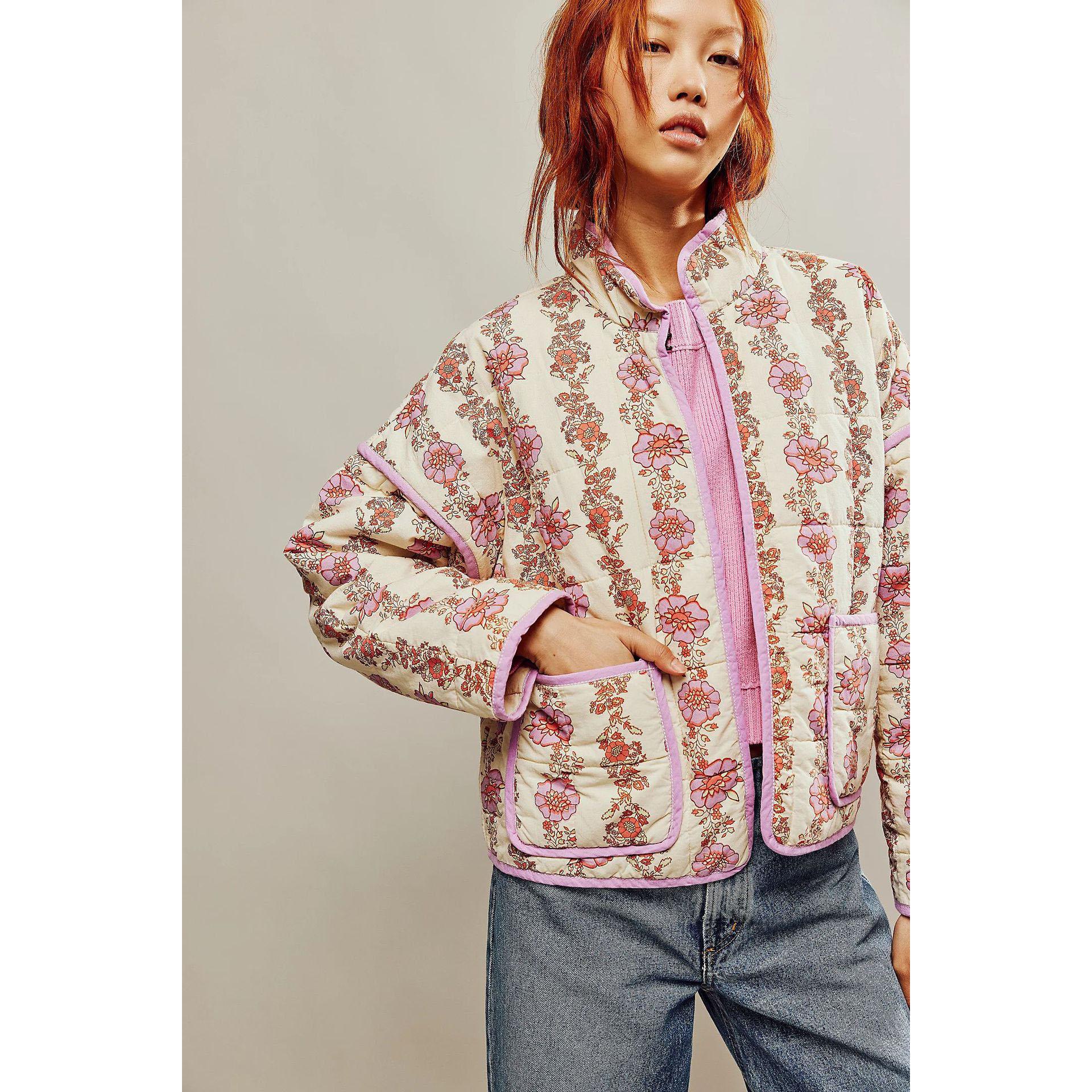 Bedruckte Gesteppte Baumwolljacke Damenmode Langärmelig Stehkragen Mäntel Damen Einreihig Lockerer Mantel Herbst Oberbekleidung XS white