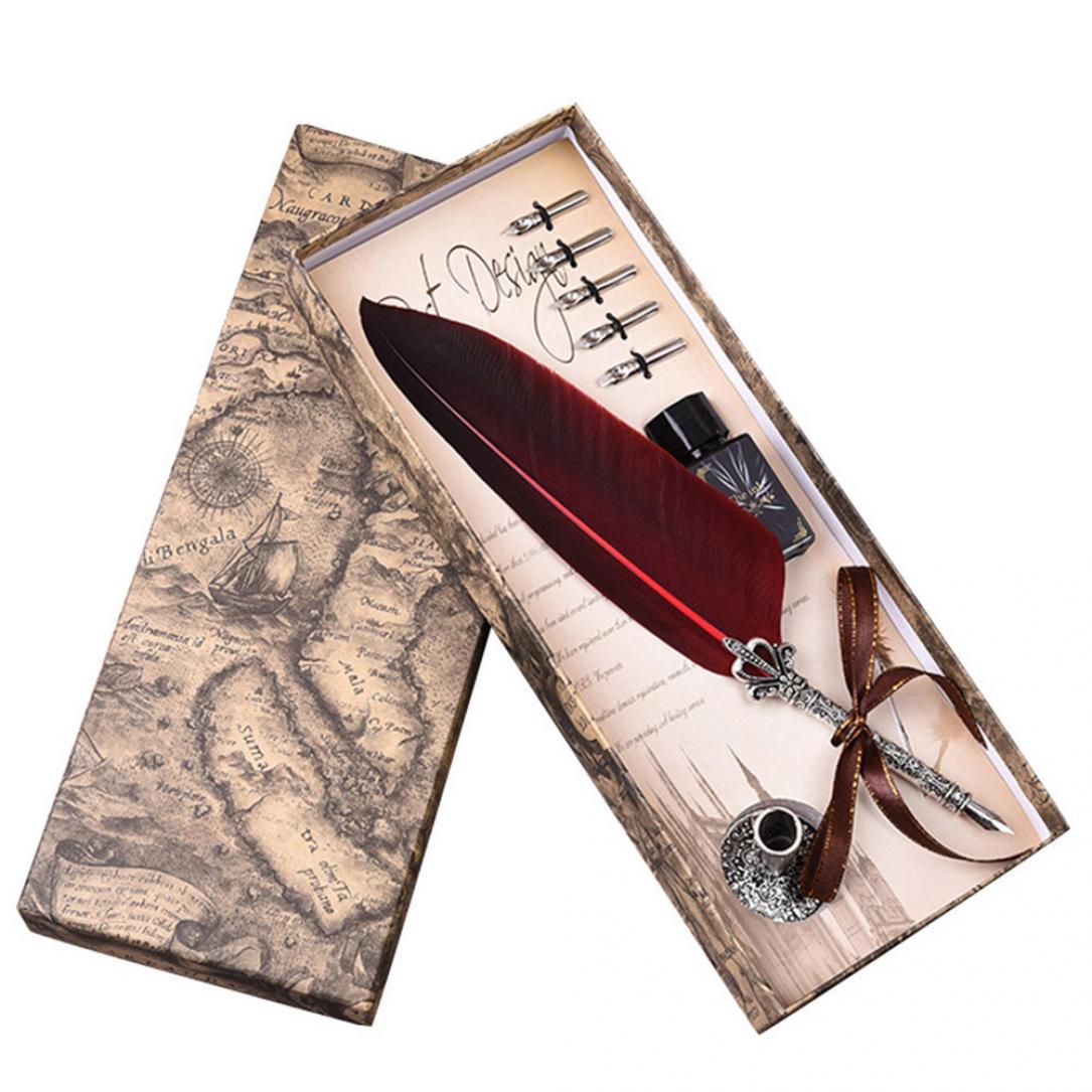 Retro mit 5 englischen Kalligraphie-Federfedern und Quill-Briefpapier als Geschenk Red