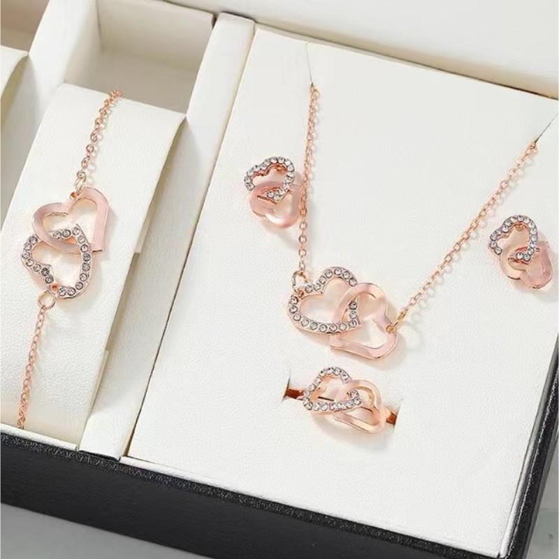 5 Teile/satz Herzförmige Schmuck Sets Von Ring Ohrringe Halskette Für Frauen Eleganz Doppel Herz Schmuck