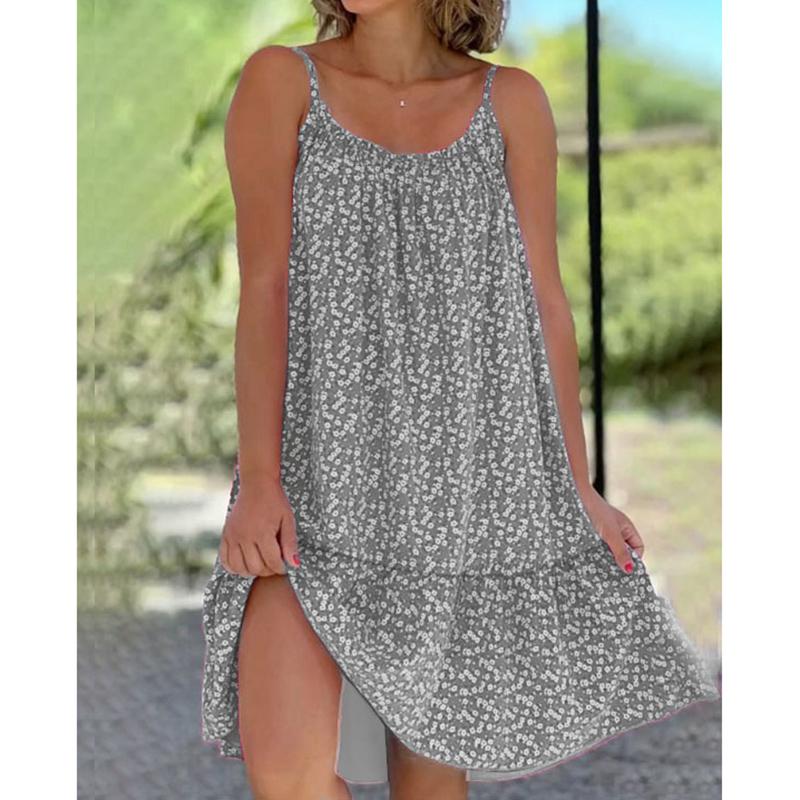 Frauen Mode Schlinge Kleid Sommer Casual Ärmellose Übergroßen Blumen Druck Party Lose Kleider Weibliche M grau